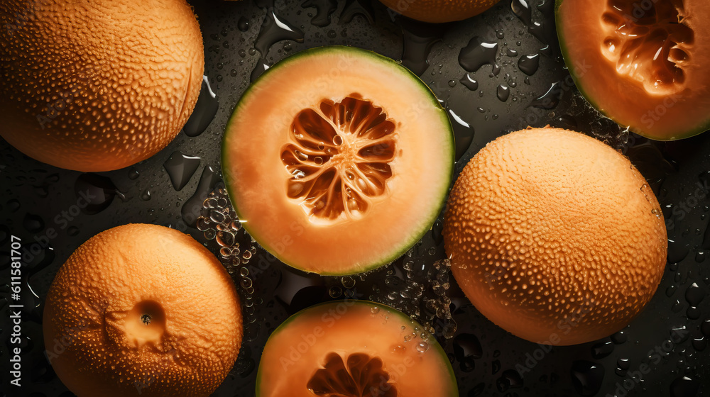 Fresh ripe cantaloupes with water drops background. Fruits backdrop. Generative AI