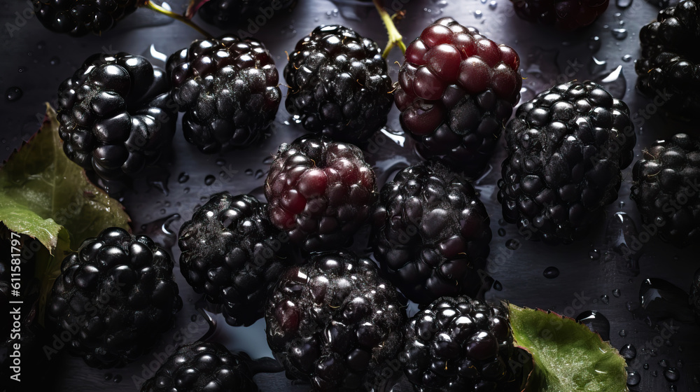 Fresh ripe blackberries with water drops background. Berries backdrop. Generative AI