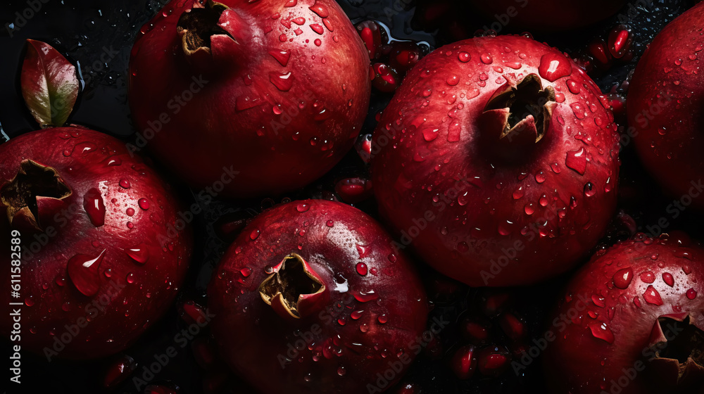 Fresh ripe pomegranades with water drops background. Fruits backdrop. Generative AI