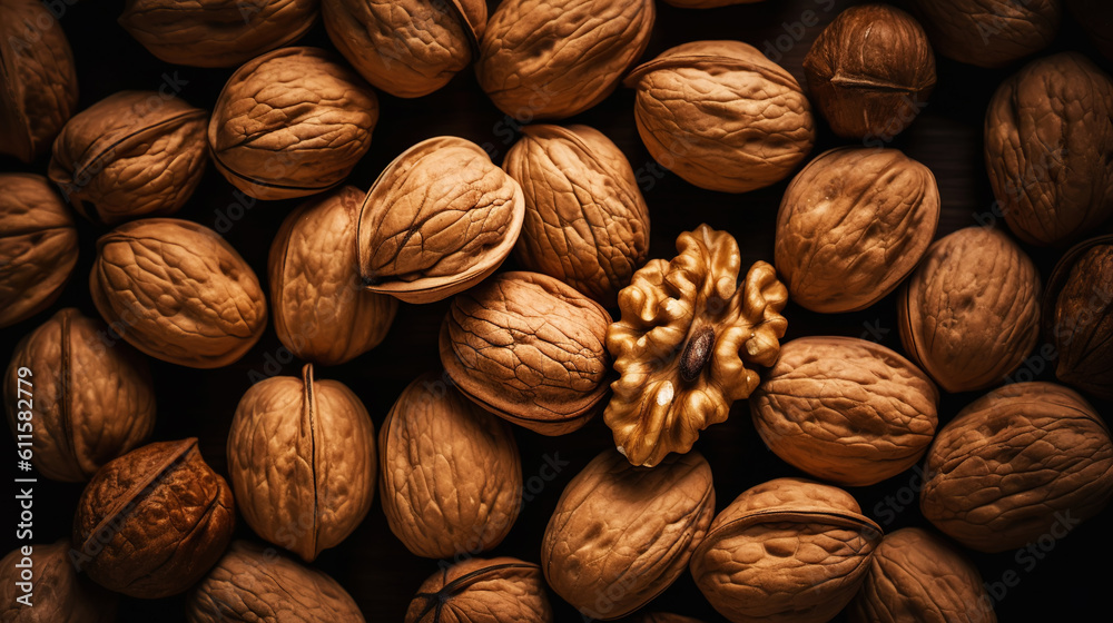 Walnuts with and without shells filling the view. Top view background of fresh walnuts. Generative A