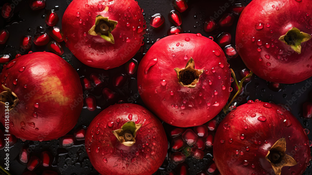 Fresh ripe pomegranades with water drops background. Fruits backdrop. Generative AI