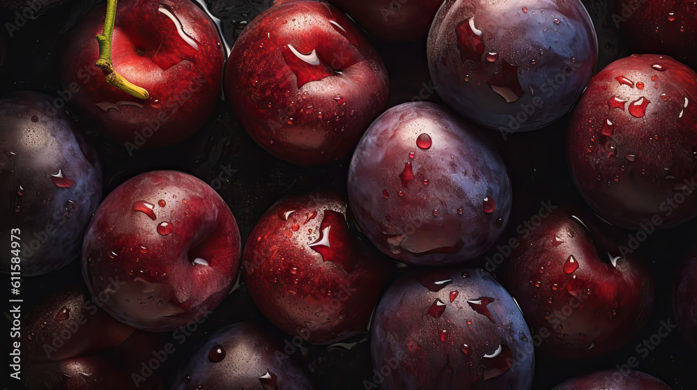 Fresh ripe plums with water drops background. Fruits backdrop. Generative AI