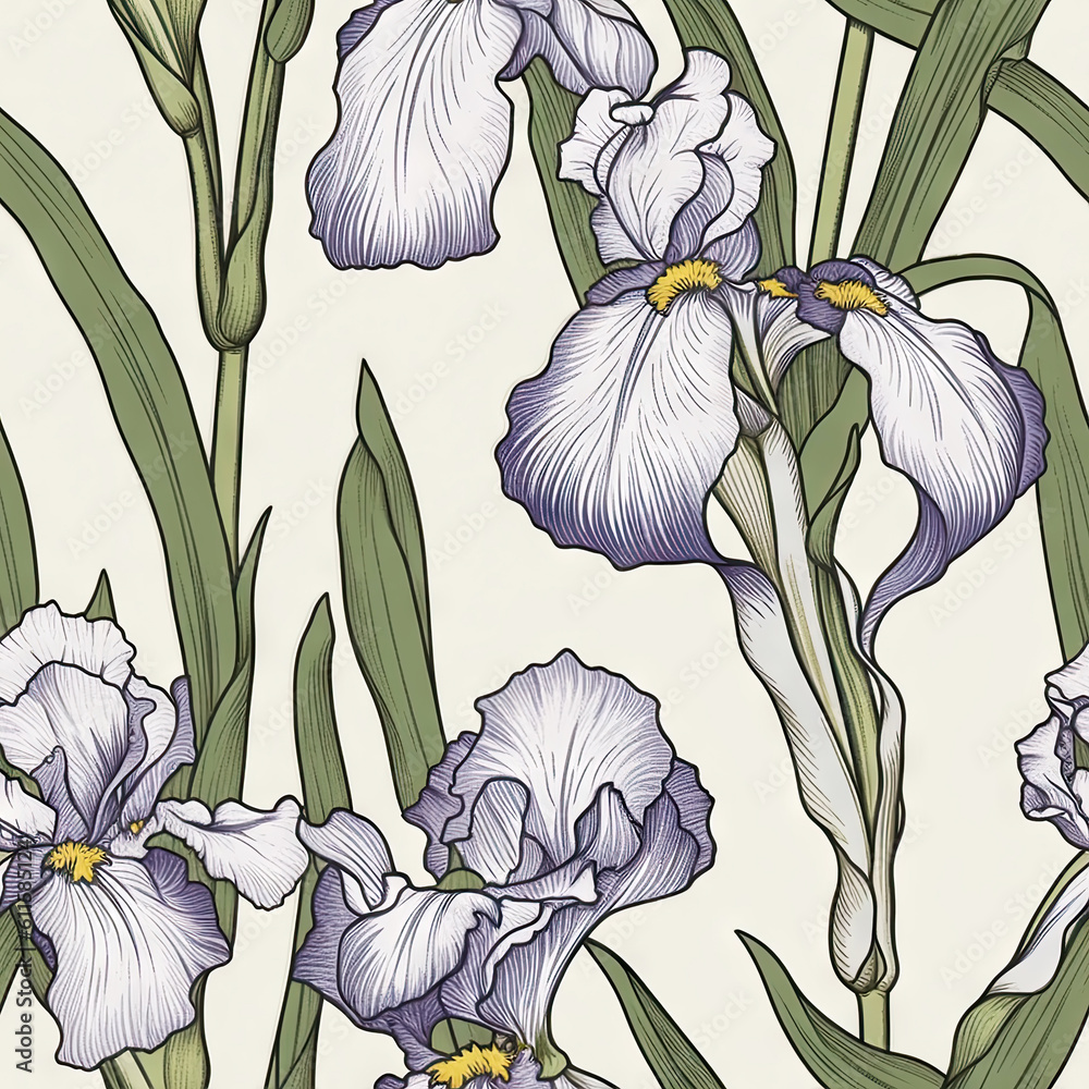 Iris flower seamless pattern. Floral seamless background. Generative AI