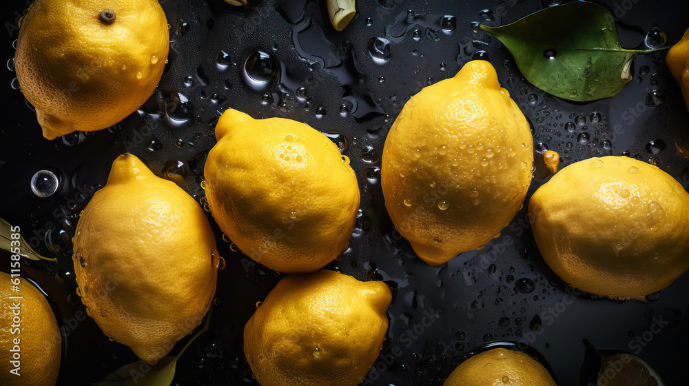 Fresh ripe lemons with water drops background. Fruits backdrop. Generative AI