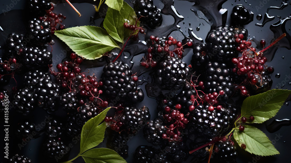 Fresh ripe elderberry with water drops background. Berries backdrop. Generative AI