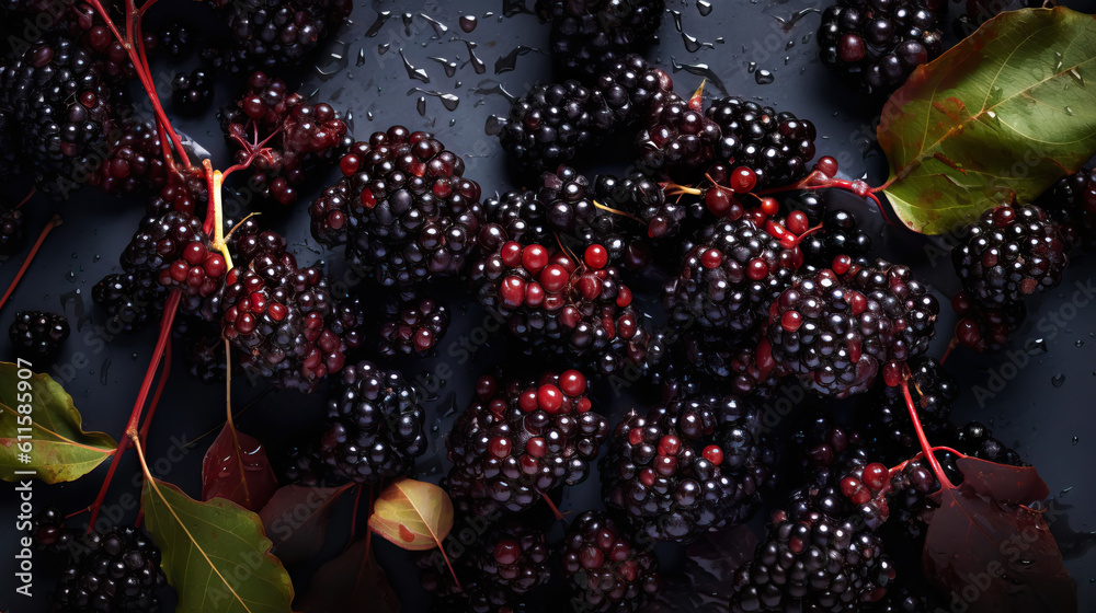 Fresh ripe elderberry with water drops background. Berries backdrop. Generative AI