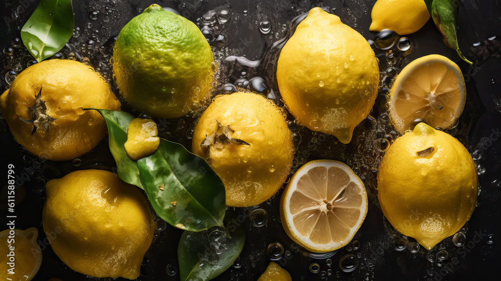 Fresh ripe lemons with water drops background. Fruits backdrop. Generative AI