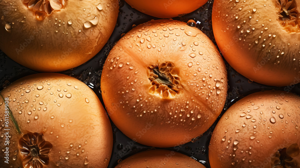 Fresh ripe cantaloupes with water drops background. Fruits backdrop. Generative AI