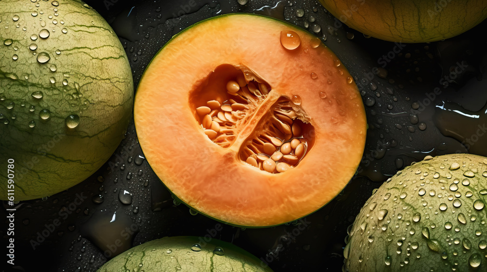 Fresh ripe cantaloupes with water drops background. Fruits backdrop. Generative AI