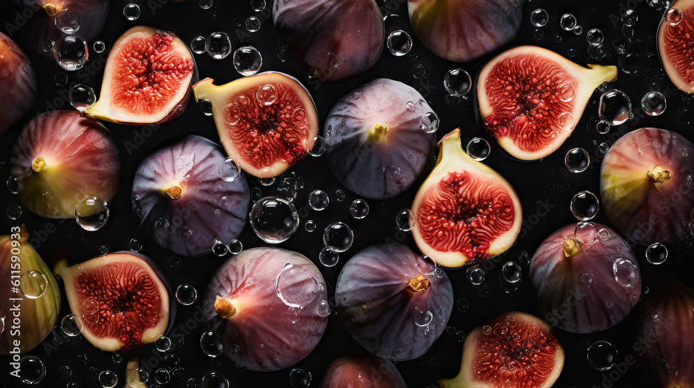 Fresh ripe figs with water drops background. Fruits backdrop. Generative AI