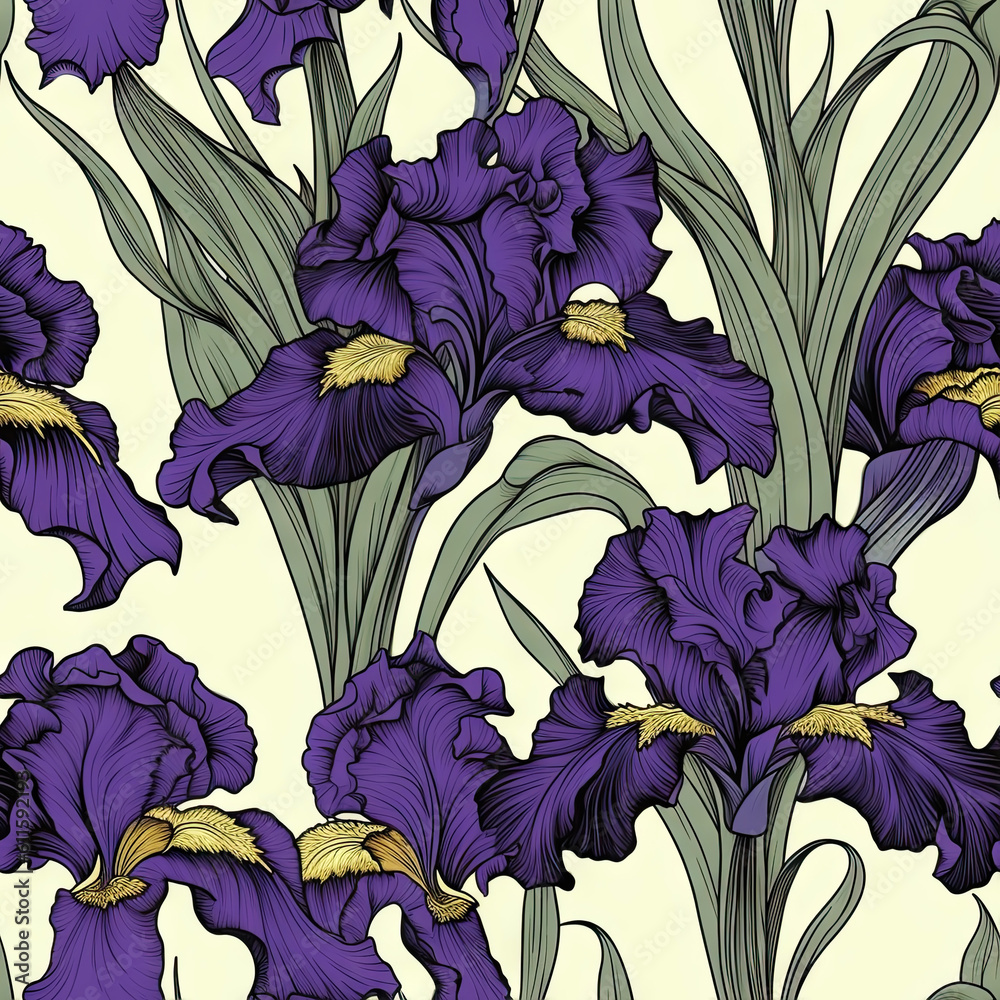 Iris flower seamless pattern. Floral seamless background. Generative AI