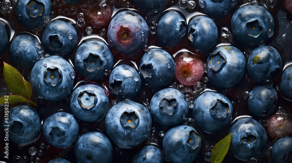 Fresh ripe blueberries with water drops background. Berries backdrop. Generative AI