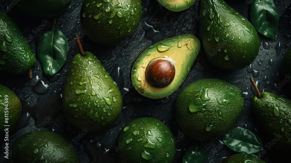 Fresh ripe avocados with water drops background. Fruits backdrop. Generative AI