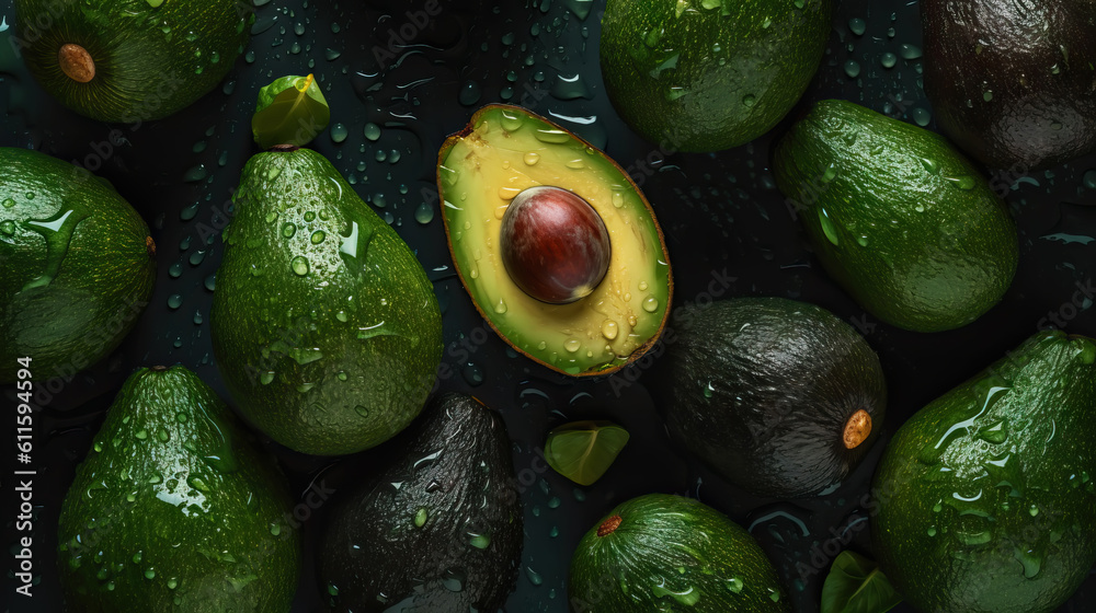 Fresh ripe avocados with water drops background. Fruits backdrop. Generative AI