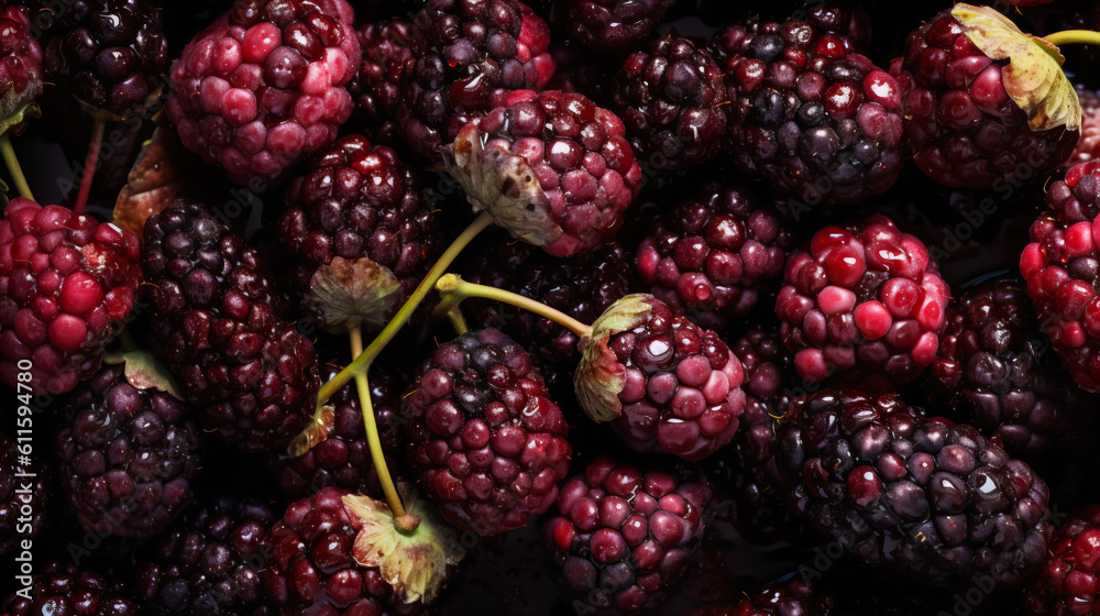 Fresh ripe mulberry with water drops background. Berries backdrop. Generative AI