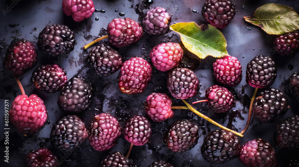 Fresh ripe mulberry with water drops background. Berries backdrop. Generative AI