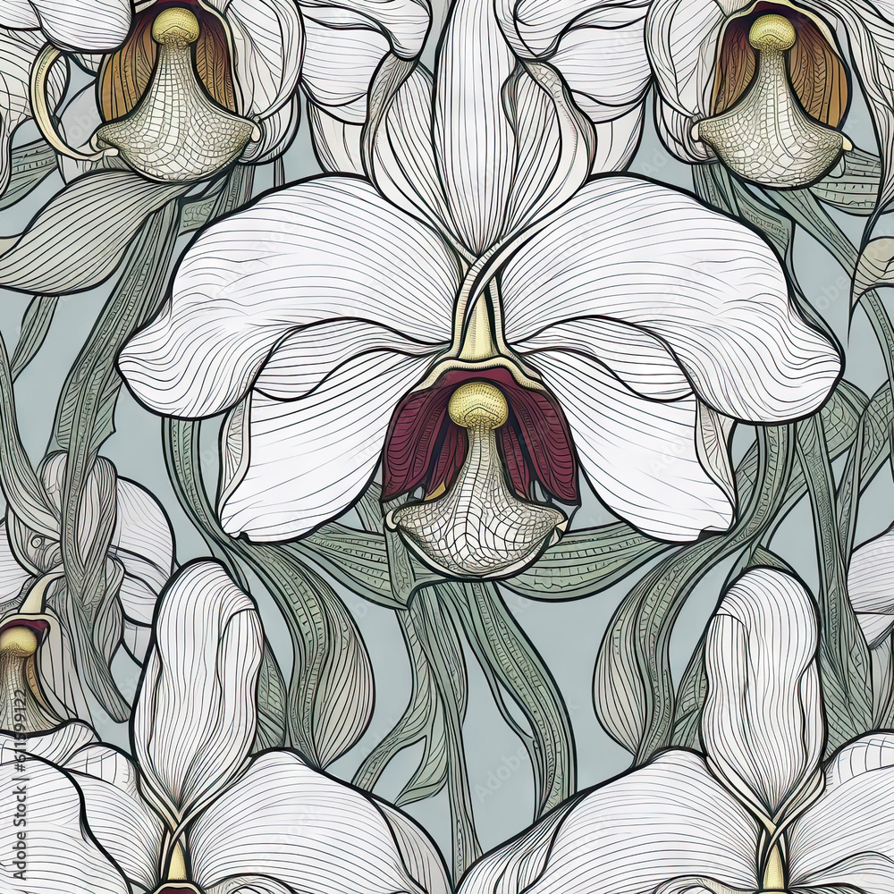 Orchid flower seamless pattern. Floral seamless background. Generative AI