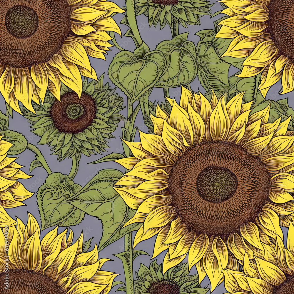 Sunflower flower seamless pattern. Floral seamless background. Generative AI