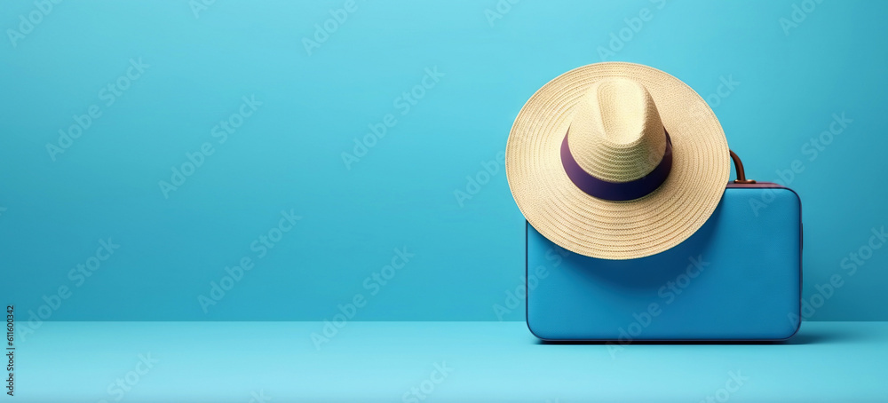 Blue travel suitcase with wheels, straw hat, on uniform blue background. Trip concept. Generative AI