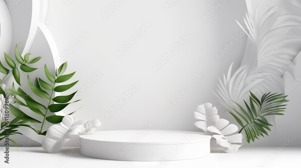 Podium with flowers on white background to display products, gift or cosmetics. Generative AI