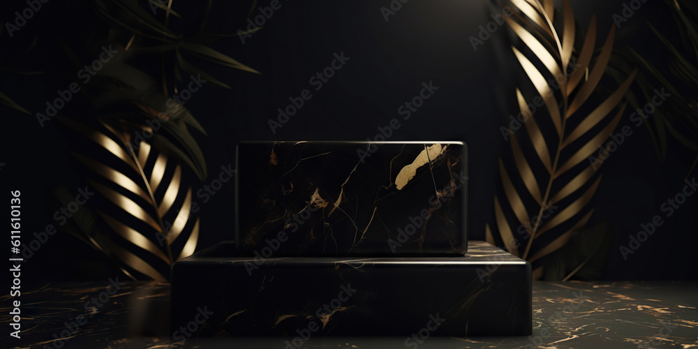 Podium made of black marble with gold, pedestal or platform. Advertising scene. Blank product stand.