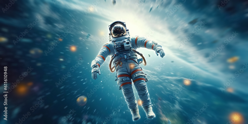 Portrait of astronaut floating in space with a asteroids, space rocks, burning sparks on backdrop. G