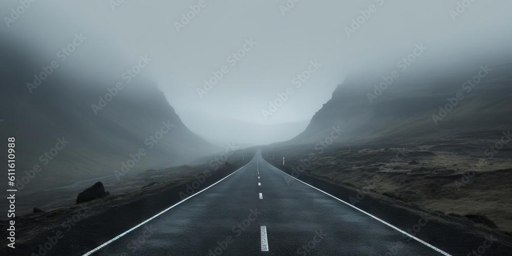 Misty empty road with trees on the side. Foggy highway. Mystery travel concept. Generative AI