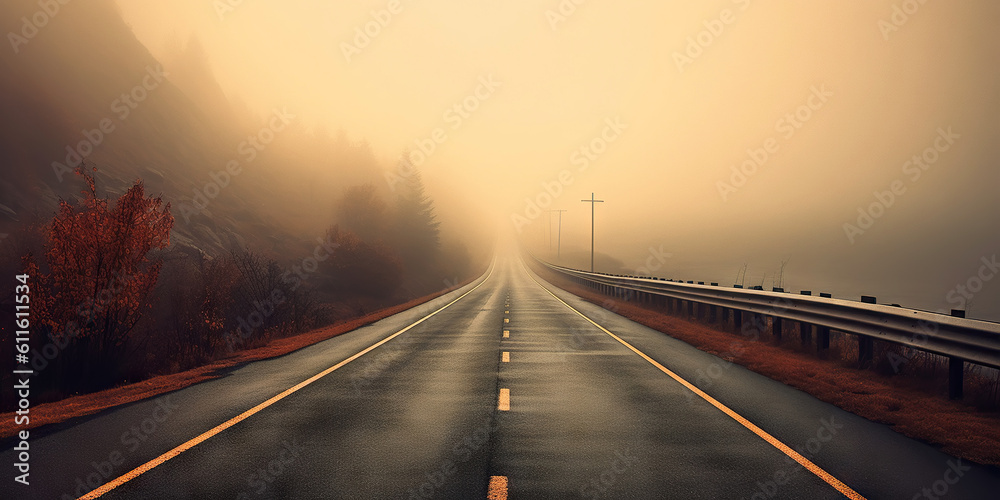 Minimalistic misty empty road. Foggy highway. Mystery travel concept. Generative AI