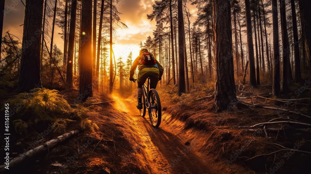 Mountain biker riding on bike in spring inspirational forest landscape. Man cycling on enduro trail 