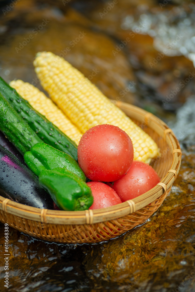 清流とザルに入れた夏野菜