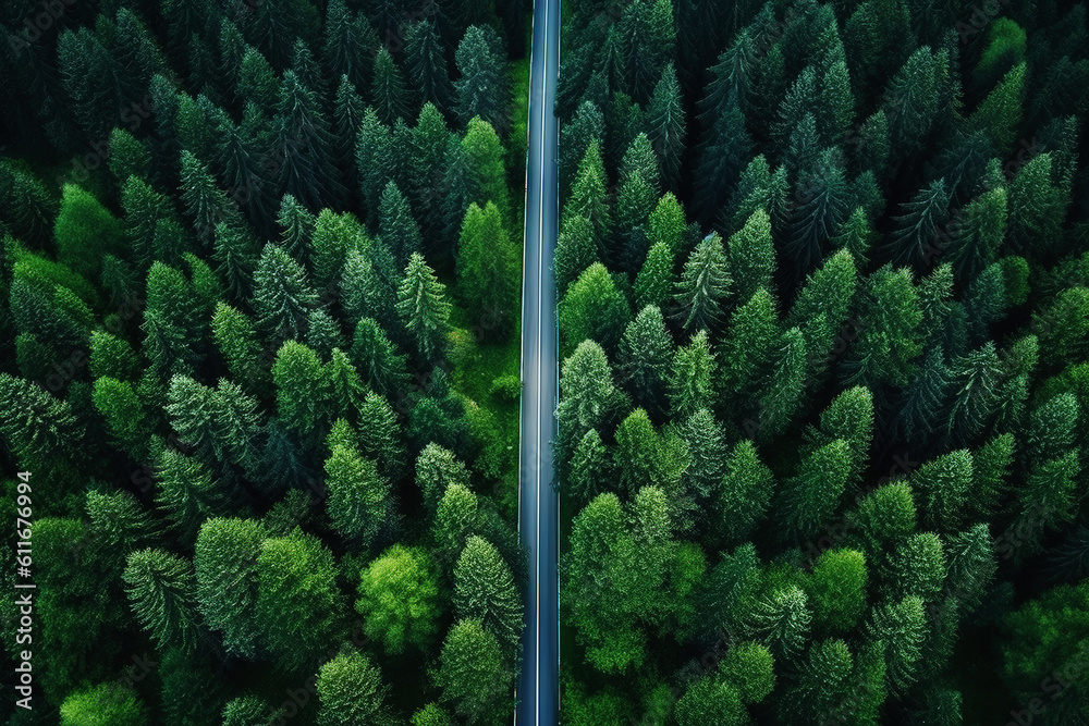 Aerial photography of forest trees and road surfaces