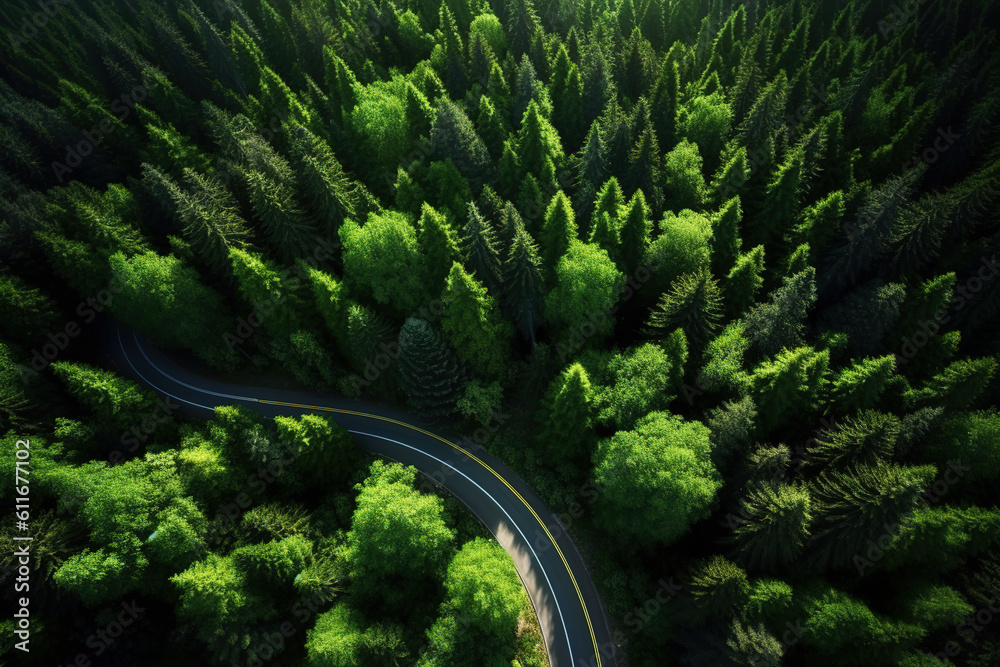 Aerial photography of forest trees and road surfaces