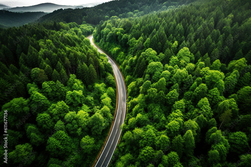 Aerial photography of forest trees and road surfaces