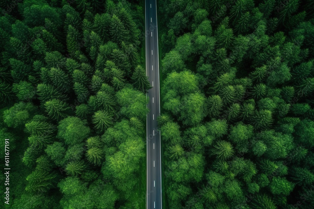 Aerial photography of forest trees and road surfaces