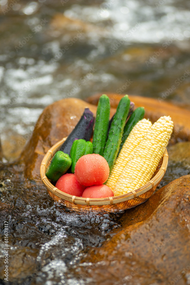 清流とザルに入れた夏野菜