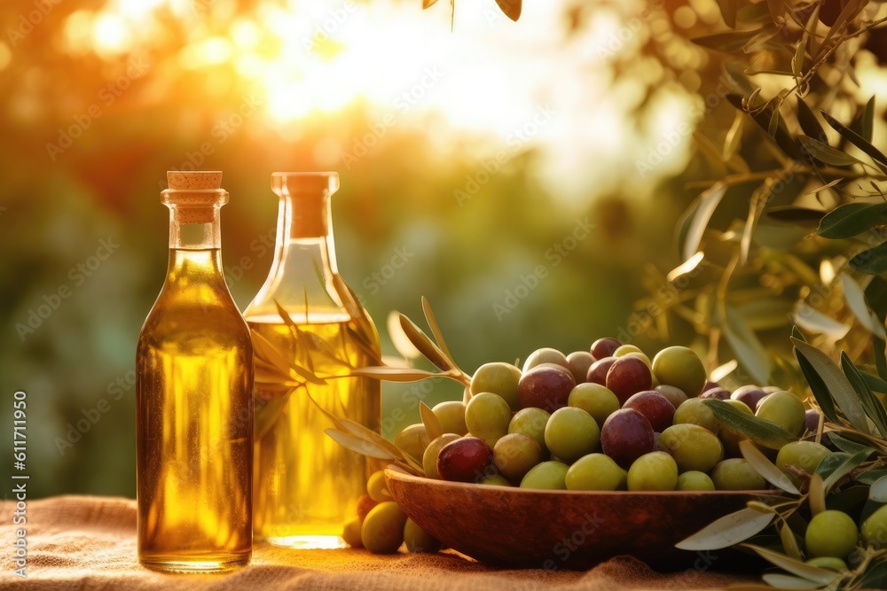 Glass container with olive oil on wooden table and olives. Generative AI