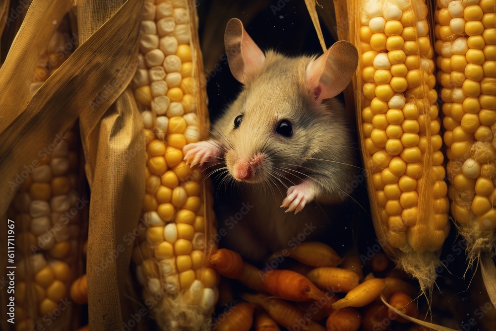 Closeup curious young gray mouse lurk near the corn. Concept of rodent control.Generative AI