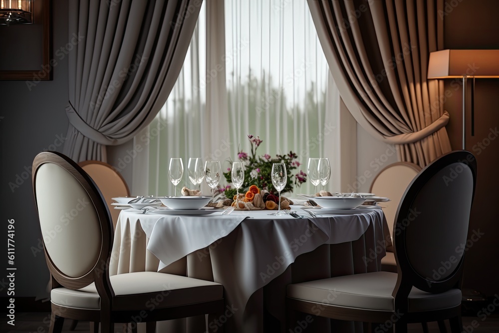 beautifully set dining room table with a colorful vase of flowers as the centerpiece. Generative AI