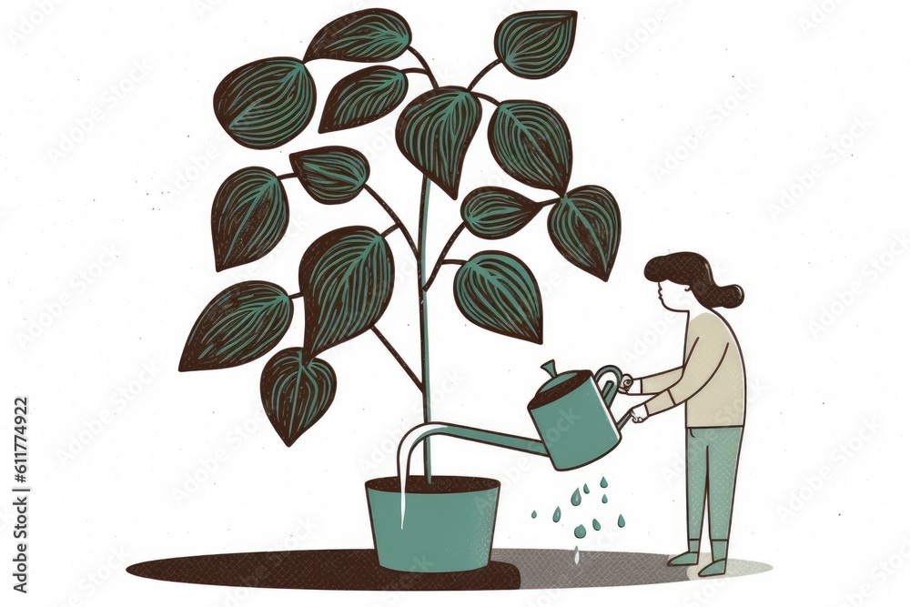 woman watering a plant with a watering can in a garden. Generative AI