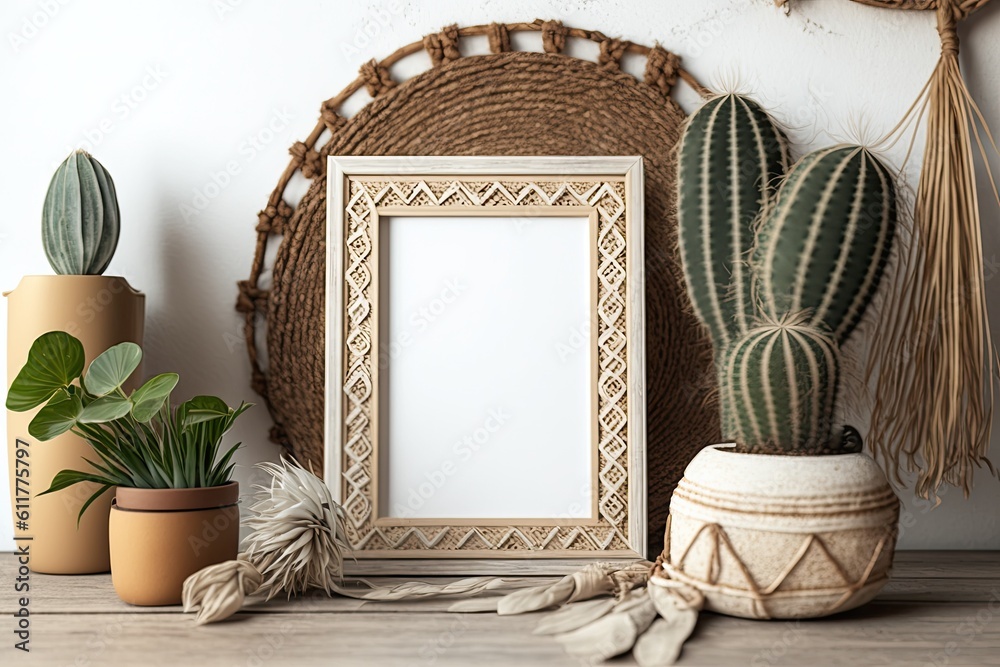 picture frame and cactus on a wooden table. Generative AI