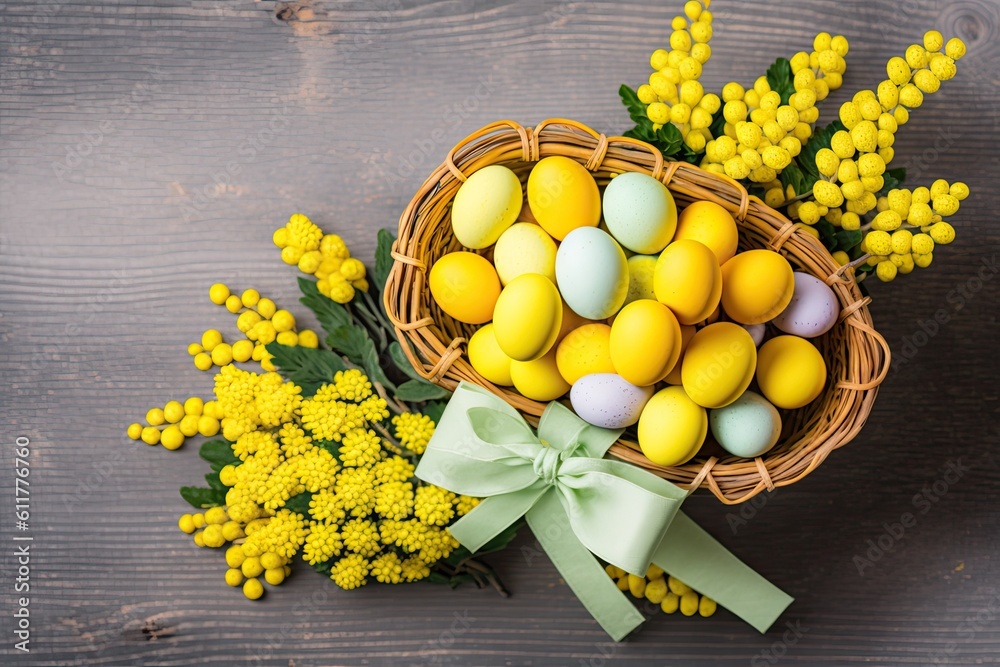 colorful Easter basket filled with eggs. Generative AI