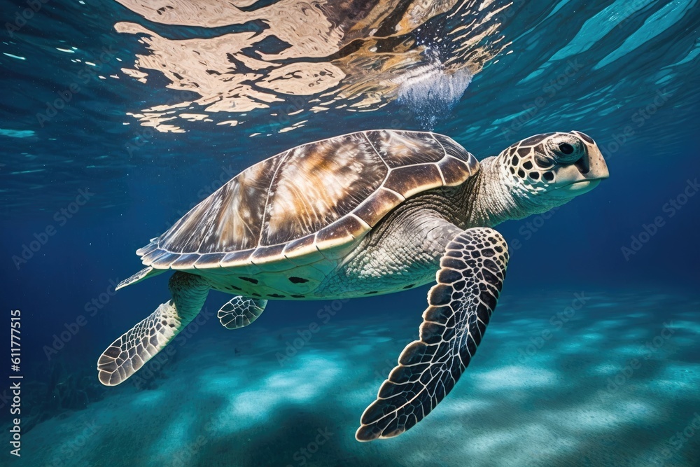 majestic green sea turtle gracefully swimming in the deep blue ocean waters. Generative AI