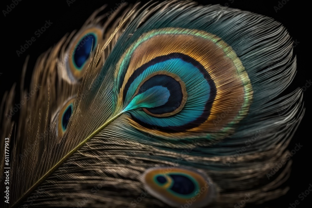 Close-up of vibrant peacock feathers on a dark background. Generative AI