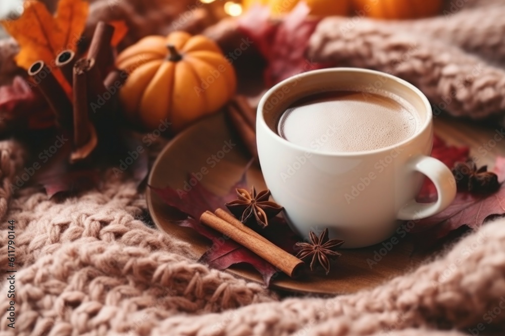 Autumn cozy background with coffee. Illustration AI Generative.