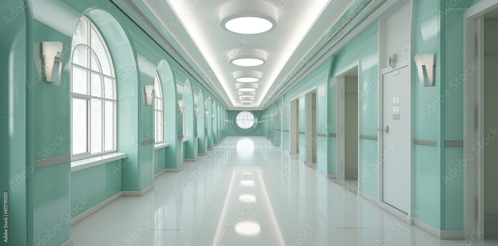 Modern hospital corridor. Illustration AI Generative