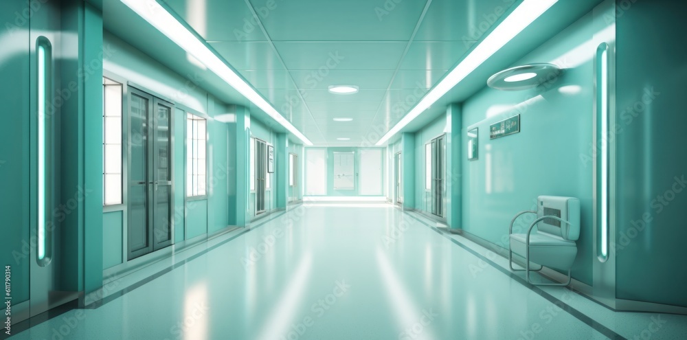 Modern hospital corridor. Illustration AI Generative