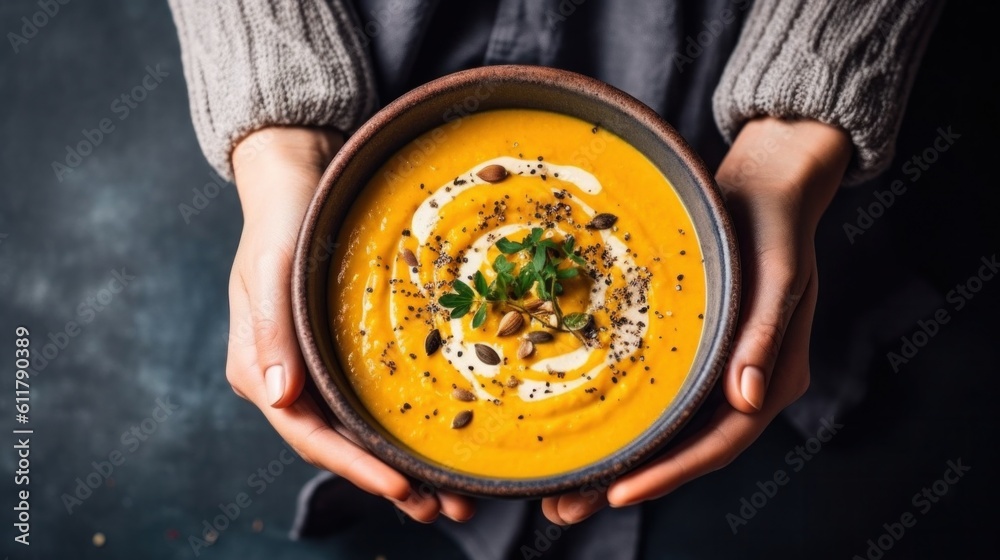 Pumpkin soup in hands. Illustration AI Generative.