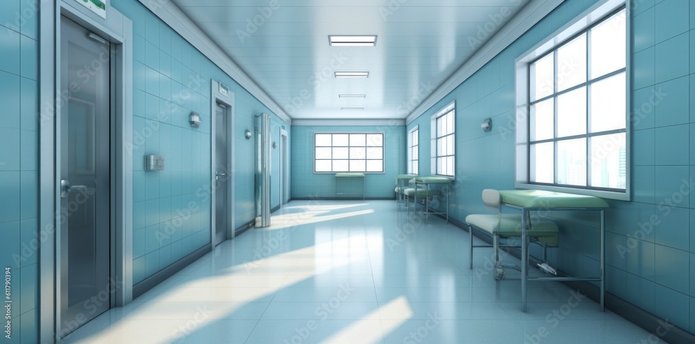 Modern hospital corridor. Illustration AI Generative