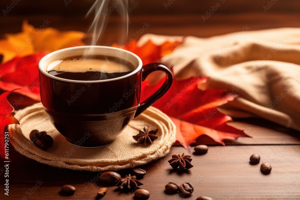 Autumn cozy background with coffee. Illustration AI Generative.