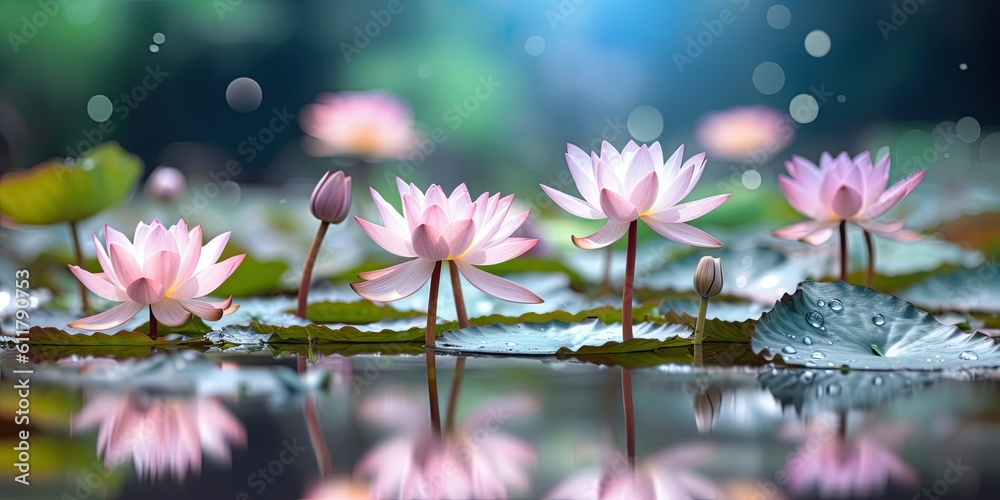 A peaceful lotus pond adorned with vibrant blooming flowers  Generative AI Digital Illustration Part